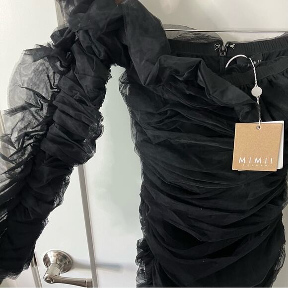 NWT Mimii London Black Ruffle Ruched Long Sleeve Dress Womens Size S - Picture 4 of 7